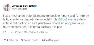 Así, recuperemos la confianza política de la opinión nacional y seremos la mejor alternativa política del país. Cisma En El Partido De La U Armando Benedetti Tambien Se Retira De La Colectividad Infobae