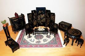 Black And Gold Furniture Set Vintage Asian Black Lacquer Gold Living Room Dollhouse 12 Piece Miniature Furniture Set Wood Doll House Screen R Dollhouse Furniture Sets Gold Living Asian Tea
