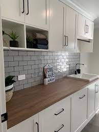 White Shaker Cabinets Grey Subway Tile Splashback Or Marble And Timber Bench Top Timber Kitchen Timber Benchtop Kitchen Kitchen Renovation
