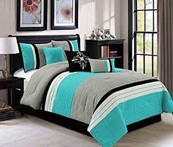 Three decorative pillows use the same top of bed fabric manipulation along with embroidery giving this bed the perfect finishing details. Amazon Com Modern 7 Piece Queen Bedding Aqua Blue Black Grey Quilted Stripe Comforter Set With Accent Comforter Sets Teal Bedding Sets Luxury Bedding Sets