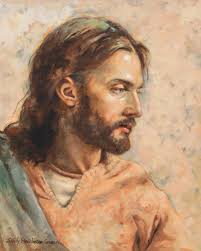Beloved Redeemer by Sandy Freckleton Gagon jesus christ portrait light  orange robe light blue coat looking off pondering pastel colors
