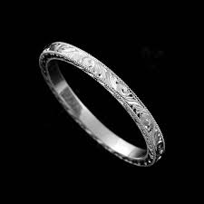 Eternity Straight 14k White Gold Flat Hand Engraved Crafted And Milgrain Art Deco Style Delicat Engraved Wedding Rings Wedding Band Engraving Wedding Rings Art