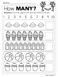 Then touch each fruit and slowly count (teacher: Summer Printables For Kindergarten How Many Counting 1 10 Kindergarten Worksheets Printable Kindergarten Math Worksheets Preschool Math Worksheets