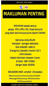 Pejabat kesihatan kawasan, w.d.t no 101, sabah, 89200 tuaran, sabah, malaizija. Jabatan Penerangan Sabah On Twitter Makluman Penting Daripada Pejabat Kesihatan Kawasan Tuaran Kepada Para Pelajar Yang Baharu Kembali Ke Daerah Tuaran Japensabah Covid19 Kitajagakita Https T Co Nizy8yvm5h