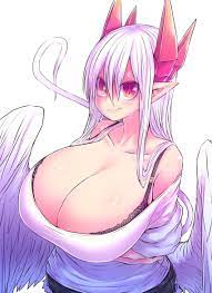 zyugoya, lorem (mazohaha), musuko ga kawaikute shikatanai mazoku no  hahaoya, highres, 1girl, arms under breasts, breasts, demon girl, feathered  wings, horns, huge breasts, long hair, mature female, red eyes, red horns,  white