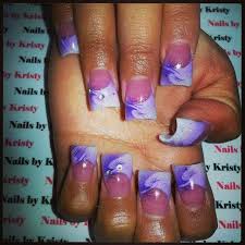 Pretty Pink And White C Cute Curved Acrylic Nails By Kristy Glitter Light Dark Purple Airbrush Rhinestones Purep Flare Nails Purple Nail Designs Airbrush Nails