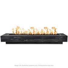 The functional fire pit chat table features a beautiful circular column design, and a stainless steel burner, covered by natural lava rock. The Outdoor Plus 120 Coronado Wood Grain Concrete Gas Fire Pit