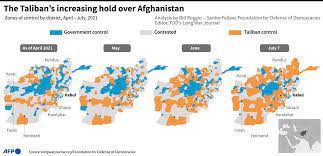 This map serves to illustrate approximate taliban control or contested districts in afghanistan. Afp News Agency On Twitter The Taliban S Increasing Hold Over Afghanistan Afpgraphics Map Showing Parts Of Afghanistan Under Government Control And Territories Under The Influence Of The Taliban From April Till July