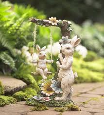Mama Bunny With Baby On Swing Figurine In Garden Statues Bunny Statue Garden Figurines Animal Statues