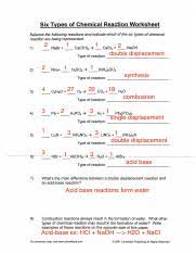 Balance the following reactions and indicate which of the six types of chemical reaction are being represented 6typesofreaction Six Types Of Chemical Reaction Worksheet Balance The Following Reactions And Indicate Which Of The Six Types Of Chemical Reaction Are Course Hero