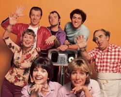 Laverne & Shirley 1976 TV series Penny Marshall as Laverne DeFazio Cindy Williams as Shirley Feeney Shotz Brewery Milwaukee 1950s ABC television stills L on sweater bottle capping line, AI generated