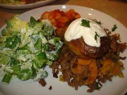30 Minute Beef Hash With Baked Potatoes Green Goddess Salad And Butter Beans Bigspud Recipe Beef Hash Butter Beans Beef