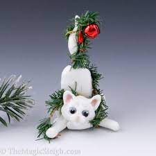 Cat Christmas Decorations White Cat Ornament With Christmas Garland Porcelain Ooak Christmas Clay Porcelain Christmas Ornaments Cat Christmas Ornaments