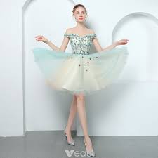 Modern Fashion Pool Blue Cocktail Dresses 2018 A Line Princess Off The Shoulder Short Sleeve Appliques Flower Beading Short Ruffle Backless Formal Dresses Blue Cocktail Dress Girls Formal Dresses Formal Dresses For