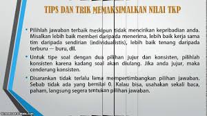 Soal cpns tkp (tes karakteristek pribadi) merupakan sebuah tes psikologi yang meneliti jenis dan karakter kepribadian para peserta cpns dalam berbagai aspek, termasuk aspek kognitif dan aspek emosi, dengan jumlah soal sebanyak 35 soal, adapun materi soal tkp meliputi Contoh Soal Cpns 2018 4 Strategi Tkp Jpg Icpns