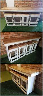 Pallet Bar Table With Stools Wooden Pallet Projects Pallet Bar Diy Pallet Outdoor