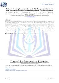 Pdf Factors Influencing Implementation Of Quality Management Systems In Meat Processing Industry In Albania Using Ordinal Logistic Regression