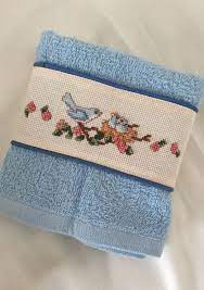 Matching river's edge hand towel. Counted Cross Stitch Hand Towel With Bluebirds In Nest Hand Etsy Cross Stitch Blue Hand Towels Counted Cross Stitch
