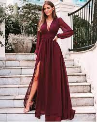 Elegant A Line V Neck Long Sleeves Burgundy Chiffon Split Wedding Guest Dresses Mother Of Brides Dresses From Dressmeet Dresses Guest Dresses Prom Dresses Long