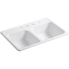 Cast iron kitchen sinks kohler coupon. Kohler Delafield Drop In Cast Iron 33 In 4 Hole Double Bowl Kitchen Sink In White K 5817 4 0 The Home Depot