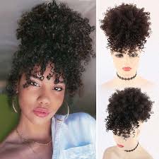 Amazon.com : LEOSA Afro Puff Drawstring Ponytail Bun with Bangs Heat  Resistant Synthetic Short Kinky Curly Ponytail Updo Hair Extensions with  Two Clips Natural Looking Curly Women Hairpieces (#2) : Beauty &