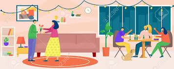 House Party, Vector Illustration. Flat Man Woman People Character At  Cartoon Home Together, Young Friend Person At Apartment Room. Female Male  Group Drink, Have Fun Indoor Interior. Royalty Free SVG, Cliparts, Vectors,