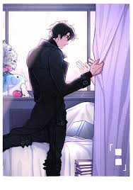 kim dokja, yoo joonghyuk, omniscient readers viewpoint, black  footwear, archived source, commentary, english commentary, highres,  protected link, 2boys, bed, black hair, black jacket, black pants, book,  boots, closed mouth, curtains, flower, holding,