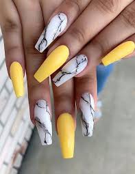 Perfect Styles Of Yellow Nail Designs In 2019 Yellow Nails Design Marble Acrylic Nails Yellow Nail Art