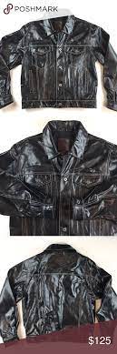 Vtg Gap Blue Jeans Black Leather Trucker Jacket Vintage Black Leather Trucker Motorcycle Jacket By Gap Blue Jeans Jackets Trucker Jacket Leather Jacket Men