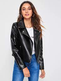Zipper Fly Pu Leather Moto Jacket Shein Usa Leather Jacket Girl Leather Moto Jacket Jackets
