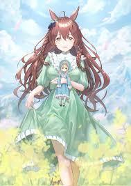 tem (tempainting1), mejiro bright (umamusume), umamusume, commentary  request, highres, 1girl, animal ears, breasts, brown hair, doll, field,  flower, flower field, hair between eyes, horse ears, horse girl, long  skirt, looking at viewer,