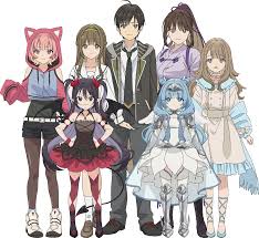 luceria, sylphy (mobkara), takagi kaito, mob kara hajimaru tansaku eiyuutan,  highres, official art, 1boy, 6+girls, airi jinguji, angel wings, armor,  black eyes, black hair, blue eyes, blue hair, breasts, brown eyes, brown