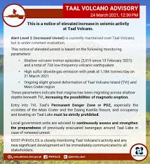 Phivolcs said sulfur dioxide may cause irritation on eyes, nose and throat, depending on the concentration, duration of exposure, and health. Phivolcs Dost On Twitter Taal Volcano Advisory 24 March 2021 12 30 Pm This Is A Notice Of Elevated Increase In Seismic Activity At Taal Volcano Alert Level 2 Increased Unrest Is Currently Maintained