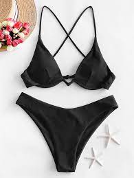 Zaful Crisscross Tie Underwire Bikini Swimsuit Black Blue Celeste Light Purple Orange Pink Peacock Blue Red Bikinis Swimsuits Swimwear