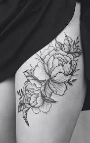Black And White Floral Thigh Tattoo Linear Dotwork Black White Leg Tattoos Flower Leg Tattoos Floral Thigh Tattoos