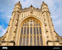 Detail of 16th century Bath Abbey west front, including 'ladders of angels'  motif, Bath, Somerset, England, UK Stock Photo