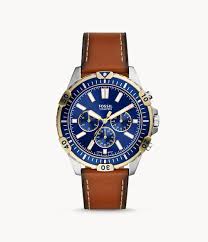 Embossed with nail head hardware detailing. Garrett Chronograph Luggage Leather Watch Fs5625 Fossil