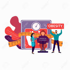 fat obese woman on scales and doctor showing obesity deseases