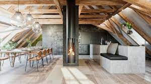 Arredamento Per Mansarde Open Space Con Tavolo Da Pranzo Camino Centrale Di Colore Nero Arredamento Decorazione Minimalista Travi Di Legno