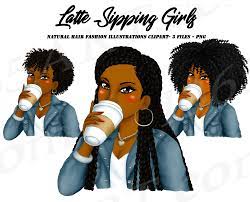 Latte Girls Clipart Tea Sipping Black Girl Clipart Black Etsy Girls Natural Hairstyles Girl Clipart Natural Hair Styles