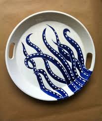 It can be used as an extra space or a coffee table. Extra Large Round Ceramic Serving Tray With Handles In Blue Octopus By Jessica Howard Ceramic Serving Trays Serving Trays With Handles Ceramic Shop