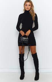 Alyssa Dress Black Beginning Boutique Dress With Stockings Turtle Neck Dress Outfit Black Knee High Boots Outfit