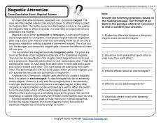 Science reading comprehension worksheets 4th grade. Magnetic Attraction 4th Grade Reading Comprehension Worksheet Science Reading Passages Reading Comprehension Reading Comprehension Worksheets