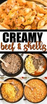 This Creamy Beef And Shells Recipe Combines Tender Shell Pasta With Ground Beef Tomat Healthy Beef Recipes Ground Beef Recipes Healthy Dinner With Ground Beef