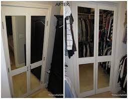 This would definitely bring in a whole lot of light to a room that's been so dark for so long. Remodelaholic Diy Mirrored Closet Door Makeover Closet Door Makeover Bifold Doors Makeover Door Makeover
