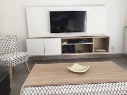 Meuble Tv Suspendu Avec Panneau Mdf Peint En Blanc Caisson Spaceo Leroy Merlin Meuble Tv Suspendu Meuble Tv Meuble Tv Bois