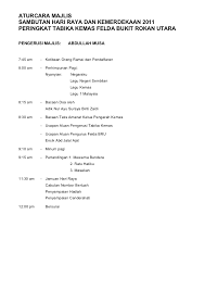 Untuk melihat detail lagu skrip pengacara majlis penyampaian hadiah klik salah satu judul yang cocok, kemudian untuk link download skrip. Teks Pengacara Majlis Sambutan Hari Raya Tabika Kemas Fbru 2011 A4