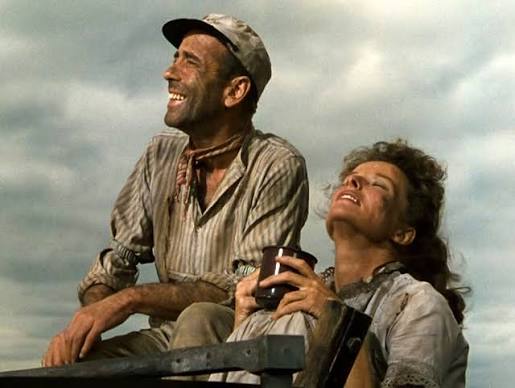THE AFRICAN QUEEN, 1951 Humphrey Bogart, Katharine Hepburn, John Huston,  Robert Morley, Theodore Bikel, classic movie adventure film,