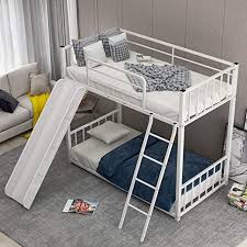 Twin Bunk Over Bunk Bed With Metal Frame Ladder And Slide Solid Bunk Bed For Kids No Box Spring White In 2020 Bunk Beds Bunk Bed Designs Bunk Bed With Slide