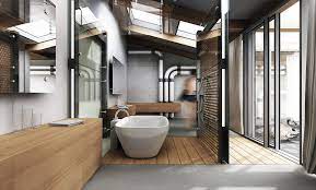 The pendant lights in this bathroom are bright, bringing out the craftsmanship of the wooden cabinets, beige this industrial themed bathroom has an urban concrete floor and open cabinets with exposed plumbing. 10 Lighting Designs For Your Industrial Bathroom